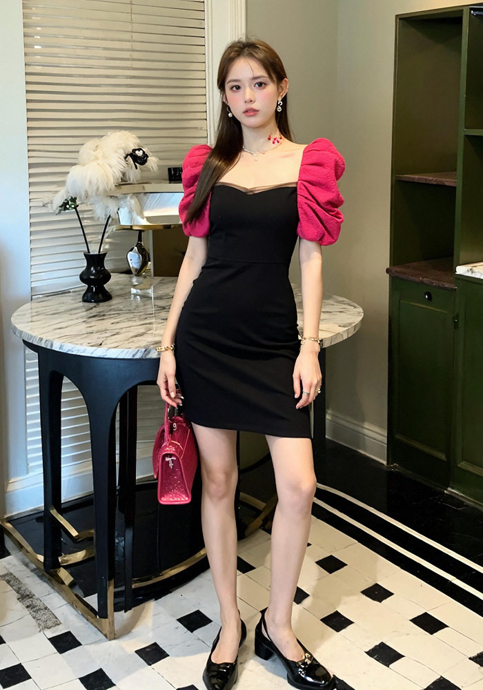 Đầm ôm body nữ phong cách Pháp cổ vuông tay bồng — [Đen] chi tiết 9