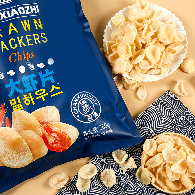 Large shrimp slices 260g large bagged spring outing online popular casual snacks live broadcast WeChat puffed food wholesale