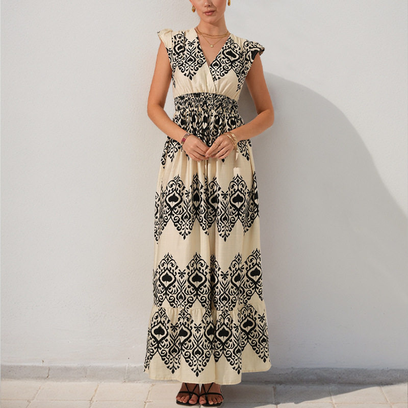 Floral Print Maxi Dress Black and White Ruffled Sleeves Ethnic Vacation Style Wholesale Available