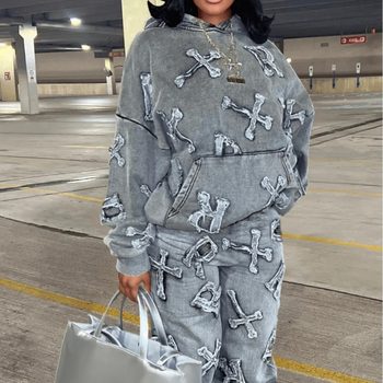 European and American Foreign Trade Cross-Border Amazon Independent Station New Printed Pocket Long-Sleeve Sweatshirt 2-Piece Set Women's Pants Suit