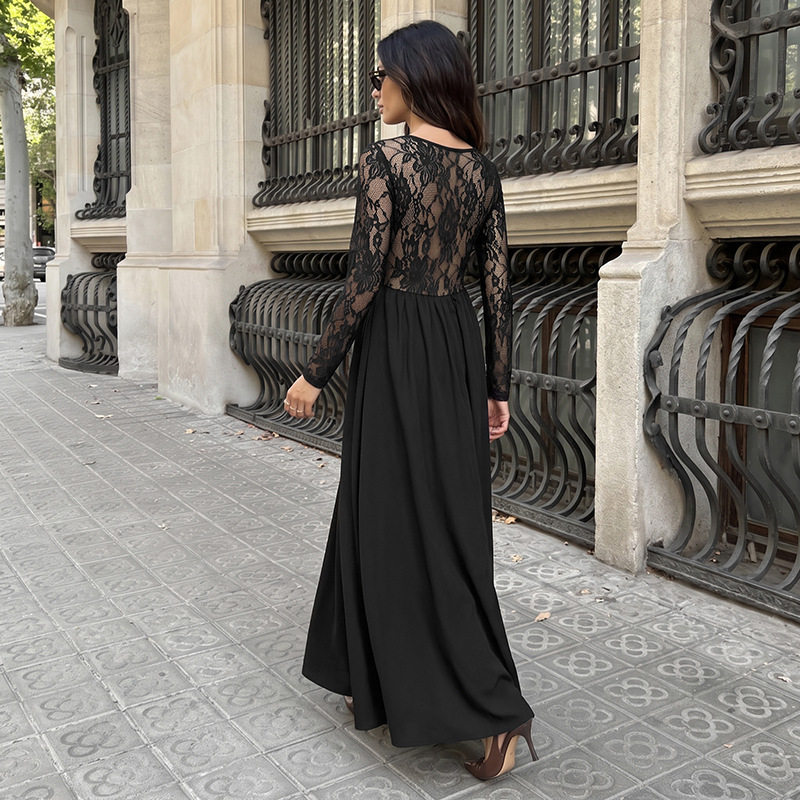 Elegant Black Lace Long Sleeve Dress Square Neck Sophisticated Style Perfect for Evening Events Wholesale Available
