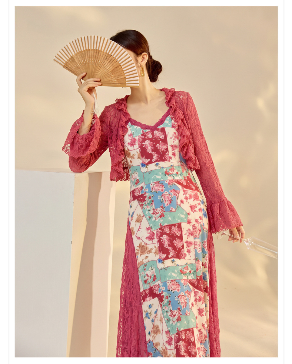 Set áo cardigan ren phối váy hai dây đuôi cá họa tiết hoa — Áo, Váy hai dây, Bộ