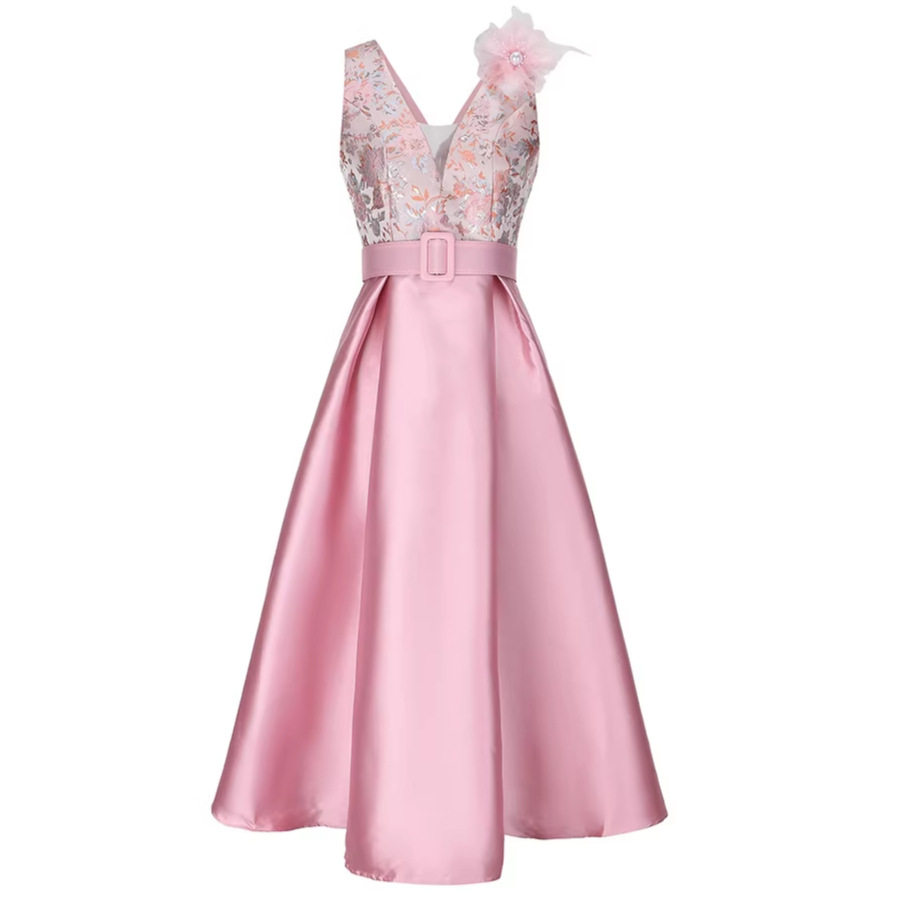 Pink Satin A Line Sleeveless Dress High Waist Flattering Fit Flared Skirt Elegant Spring Occasion Wear Wholesale