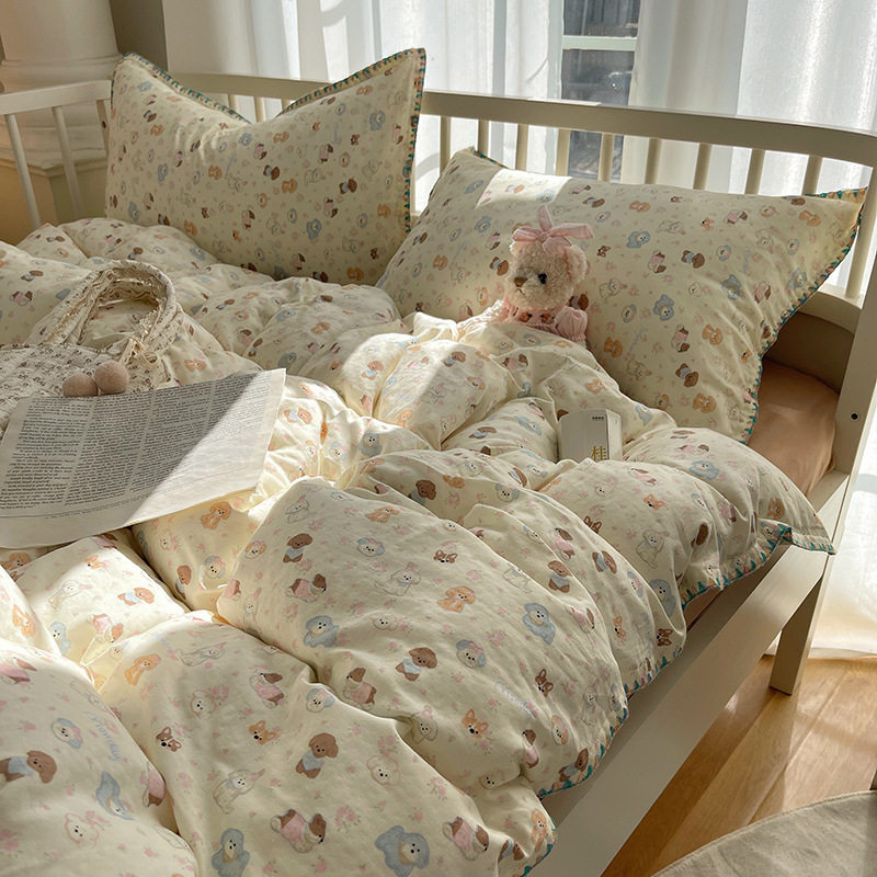 Cross-border Class A Mother and Child Shell Edge Cotton Aerobic Double-layer Yarn Four-piece Set Children's Cartoon Skin-friendly Pure Cotton Three-piece Set