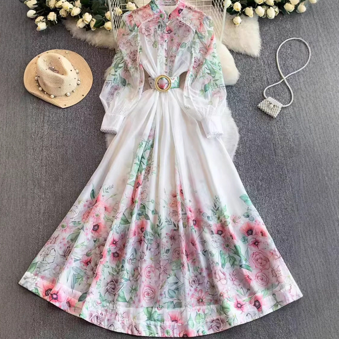 French Vacation Style Sweet Lace Trim Long Sleeve Dress for Women Tie Waist Elegant Flared Skirt Spring and Autumn Wear