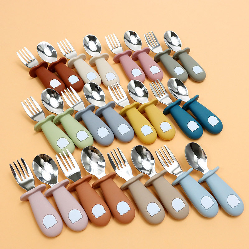 Hot selling newborn panda silicone 316 stainless steel fork spoon baby short handle hand-held eating training self-eating