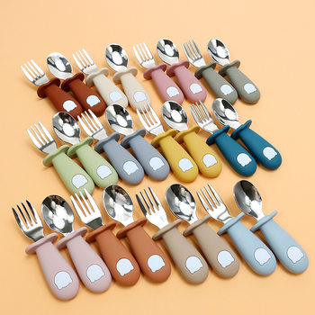 Hot selling newborn panda silicone 316 stainless steel fork spoon baby short handle hand-held eating training self-eating