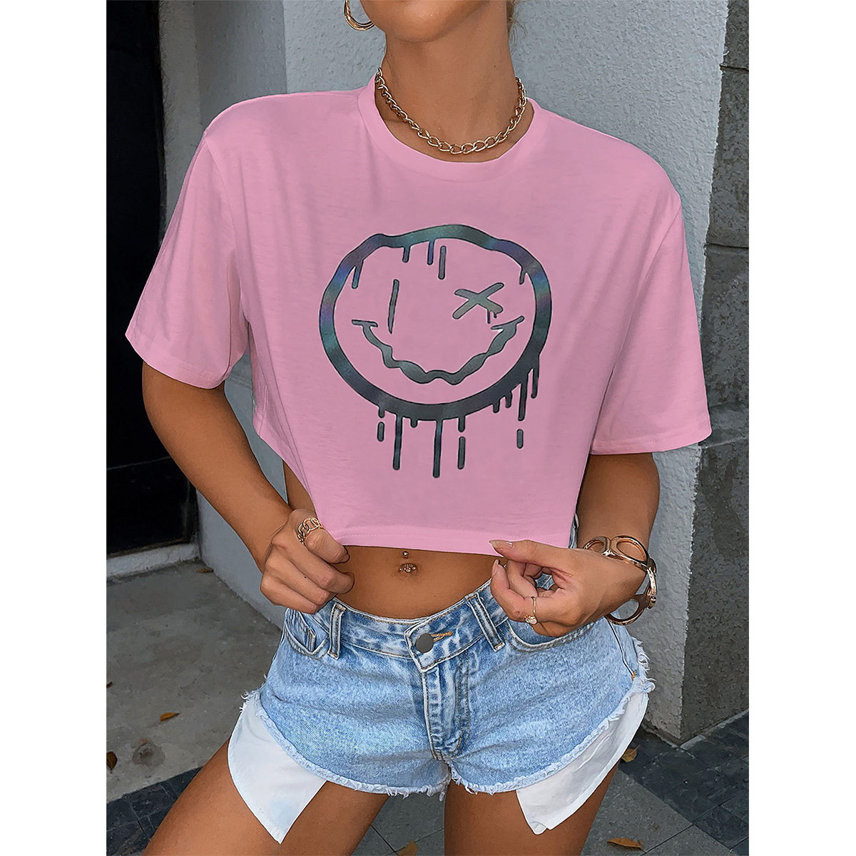 Reflective Short Sleeve T Shirt Trendy Smile Print Versatile Spring Summer Style Wholesale Available