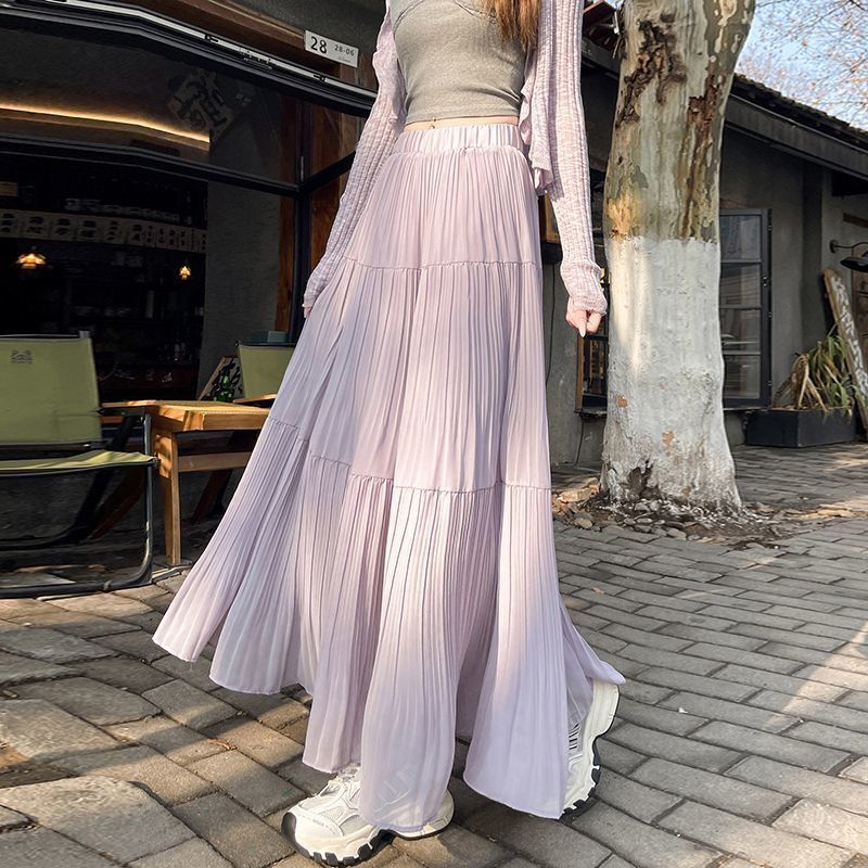 Purple Pleated Midi Skirt High Waist Flattering A Line Flowy Design Spring Summer Fashion Wholesale Available