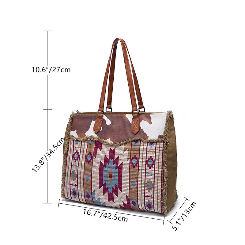 Túi Tote Nữ Vải Canvas Cotton Họa Tiết Bohemian Vintage Đeo Vai, Đeo Chéo, Xách Tay Màu Nâu, Xanh, Đỏ, Be chi tiết 8