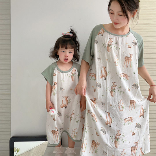 新品竹棉纱布短袖亲子装睡裙 宝宝居家服儿童睡衣 女童家居服夏季