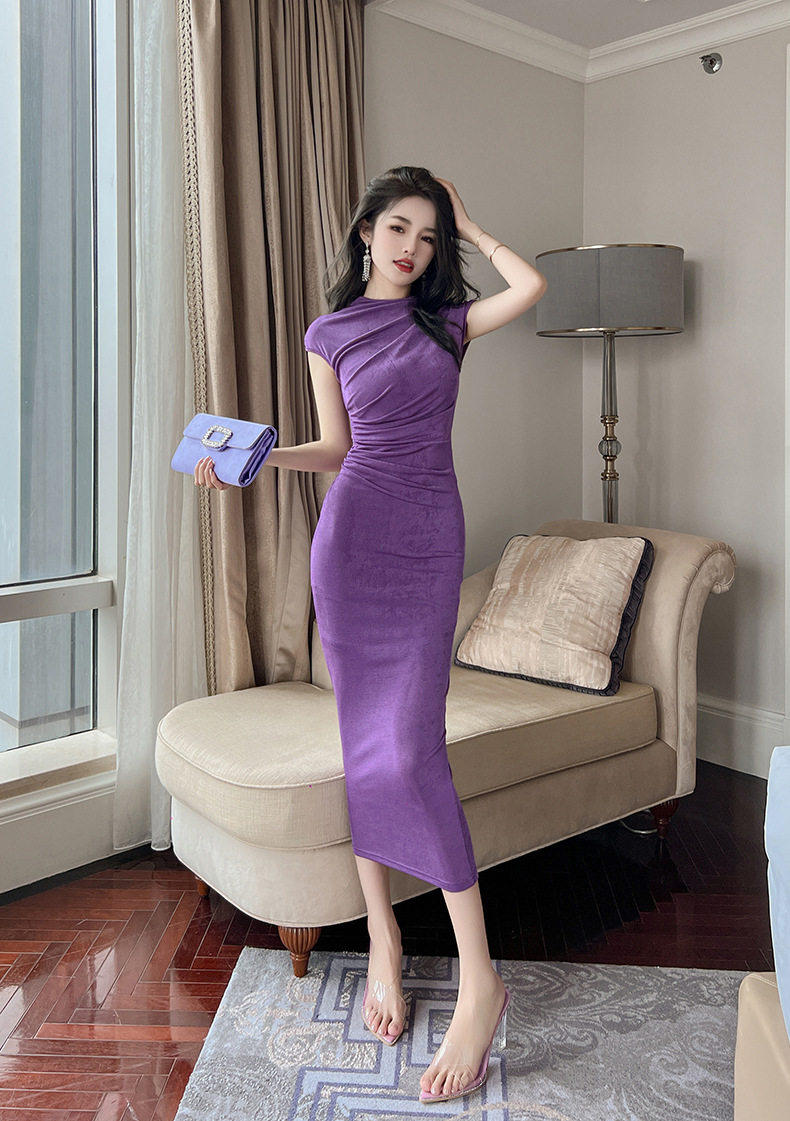 Đầm ôm body nữ dáng dài, cổ đứng, tay không, eo cao, phong cách châu Âu — [Đen], [Tím cỏ lộc đài] chi tiết 1
