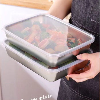 Stainless Steel Flat Bottom Square Plate with Lid Household Rectangular Dish Plate Fresh-keeping Box Tray Towel Plate for Food Storage