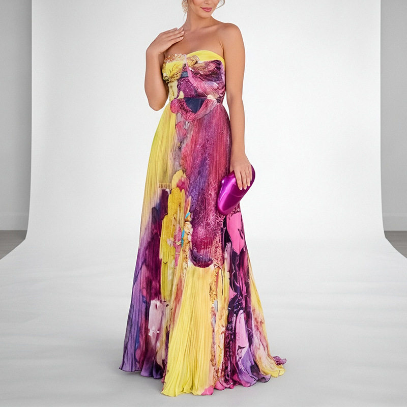 Summer Womens Dress Elegant Floral Print Strapless Design Comfortable Fabric Perfect for Parties and Events