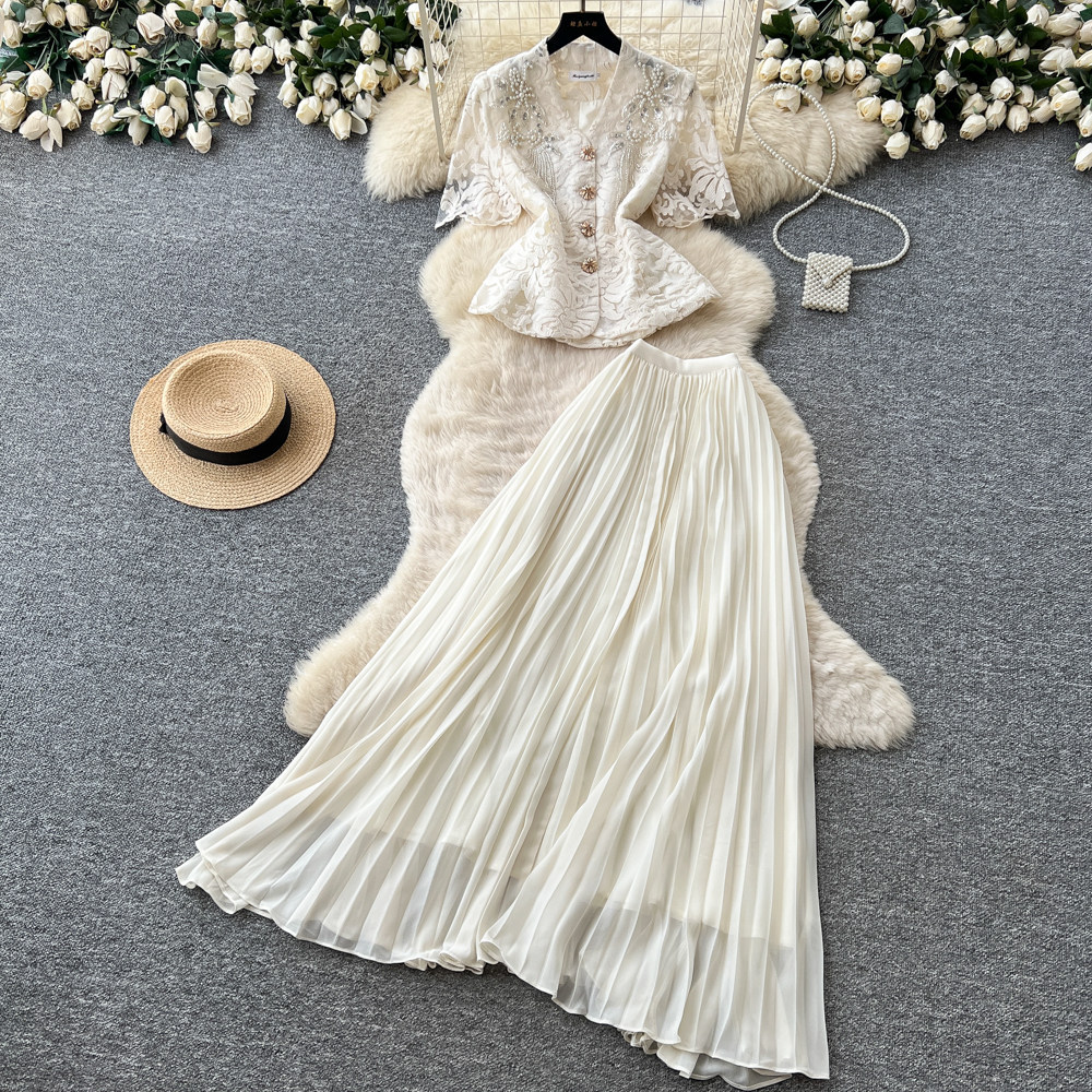 French Style V Neck Lace Embroidered Top with High Waisted Pleated Skirt Elegant Slim Fit Summer Outfit Wholesale