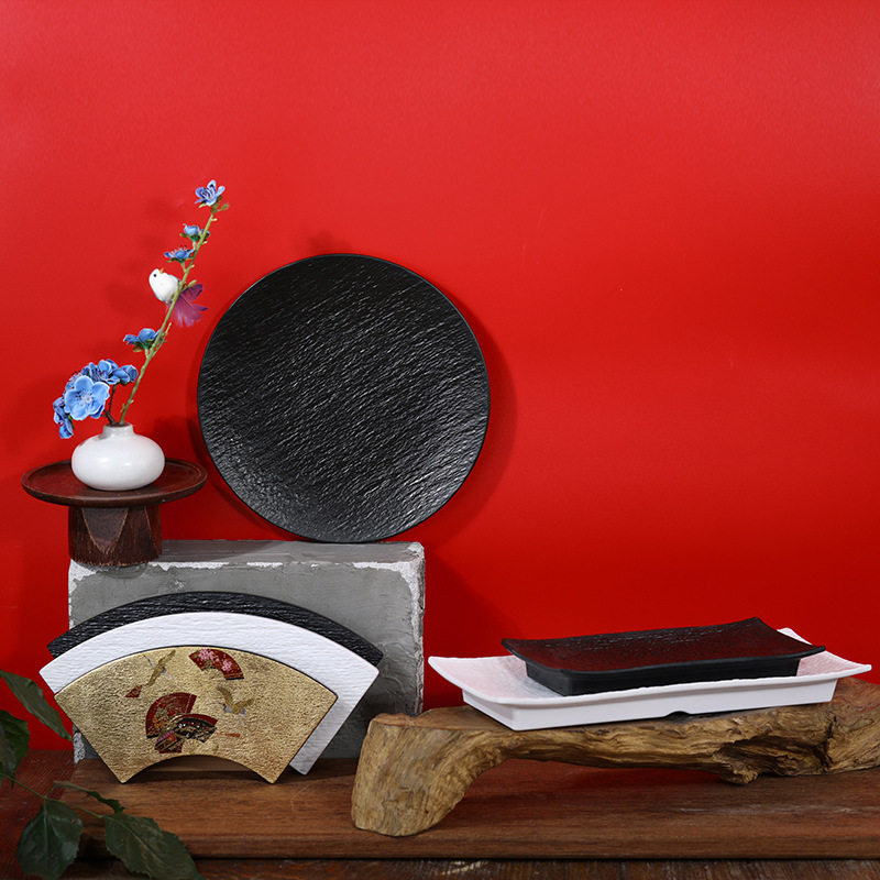 Melamine Plate Commercial Restaurant Table Setting Four-Piece Set of Dishes, Cups and Spoons Tableware Set Barbecue Long Plate Plastic Snack Plate