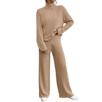 Cross-Border European and American 2025 Autumn and Winter Casual High-Neck Knitted Long-Sleeved Suit Women's Export Sweatshirt Loose Pants Two-Piece Set