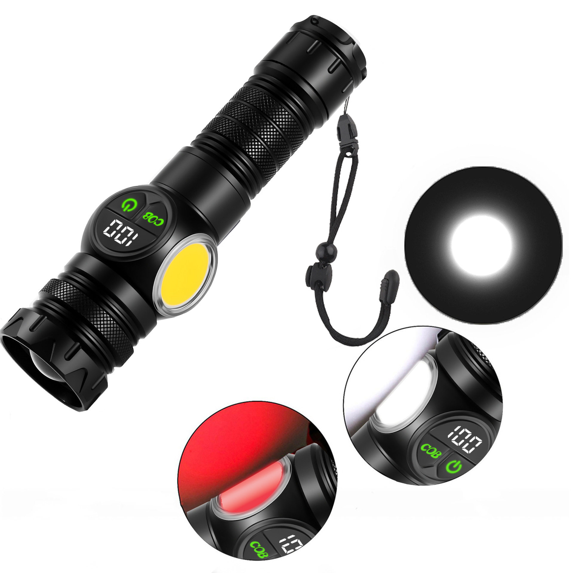 New white laser multi-function strong flashlight screen digital display tail magnet COB side light for foreign trade