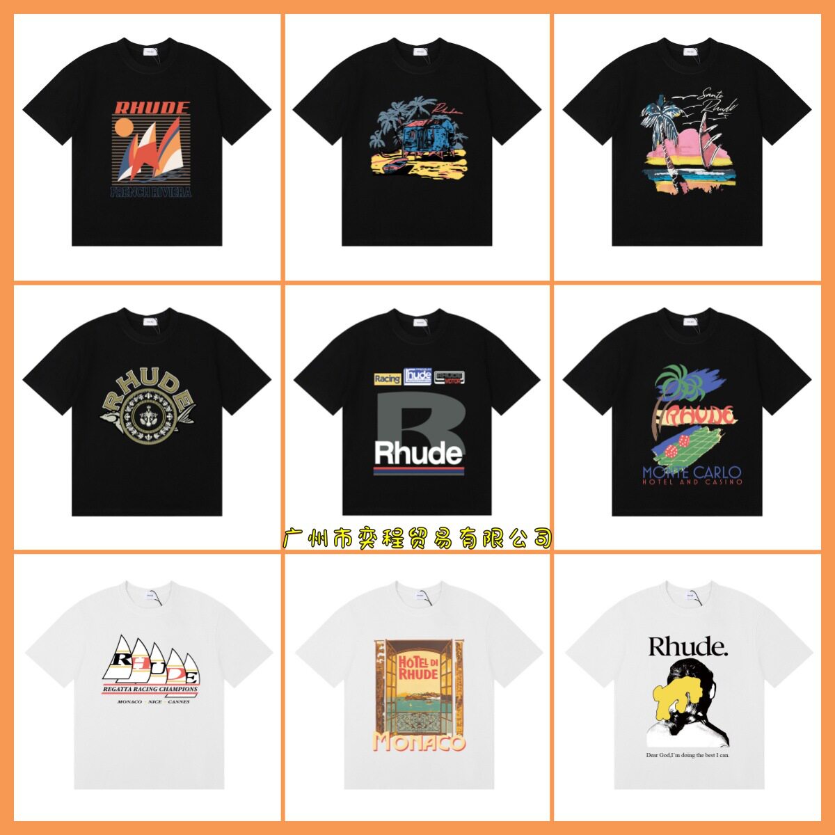 เสื้อยืดแขนสั้นพิมพ์ลายตัวอักษรเรขาคณิตแบรนด์ดัง Rhude สไตล์ยุโรป-อเมริกัน แนวฮิปฮอป สำหรับผู้ชายและผู้หญิง แบบครอสบอร์เดอร์ 25Ss
