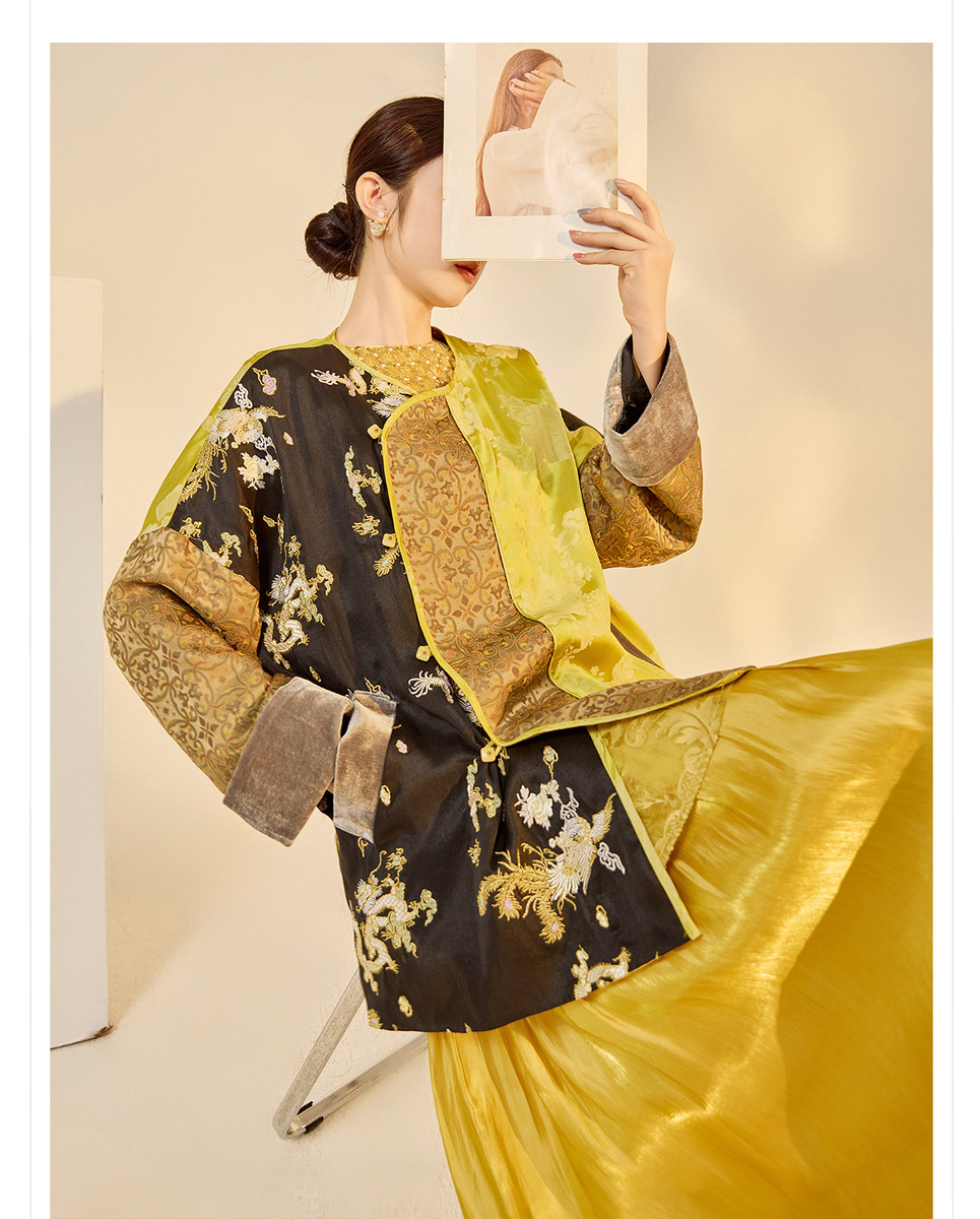 Đầm maxi nữ dài không tay cổ tròn đính cườm thêu hoa dáng tiên nữ — màu vàng kim, Xanh lá cây