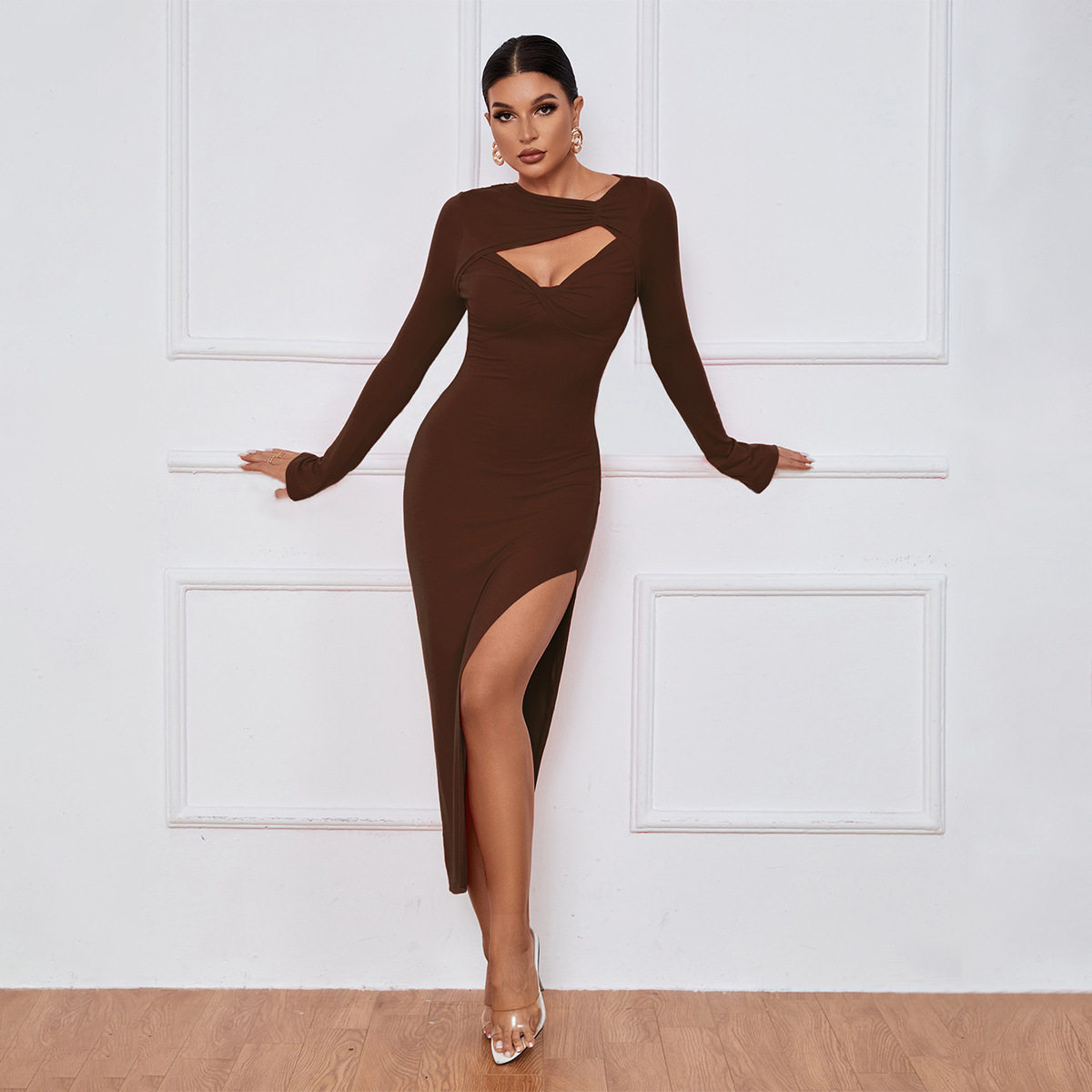 Womens Bodycon Maxi Dress Slim Fit Sexy Split Long Sleeve Perfect for Parties or Evening Events Wholesale Available