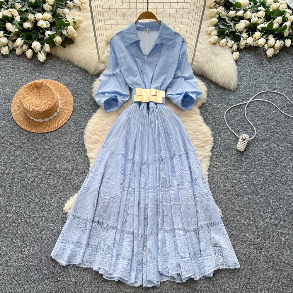 French Elegant Embroidered Mesh Dress Lantern Sleeves Waist Defining Color Block Design Summer Evening Wear