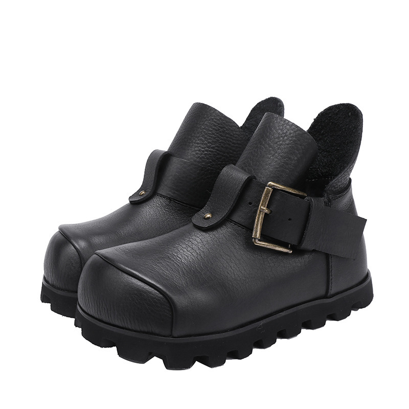 Boot nữ cổ thấp da bò thật đế bằng phong cách cổ điển — Màu đen, Màu nâu đậm