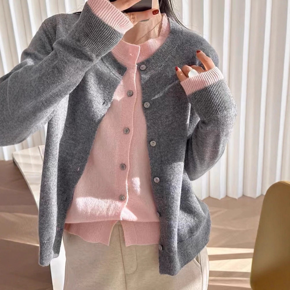 100%美丽诺羊毛开衫女秋冬灰色假两件针织衫高级感老钱风毛衣外套