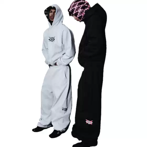 Mertra Collaboration Heavyweight American Street Hip-Hop Embroidered Patchwork Hooded Sweatshirt Trendy Casual Sports Set Sweatpants