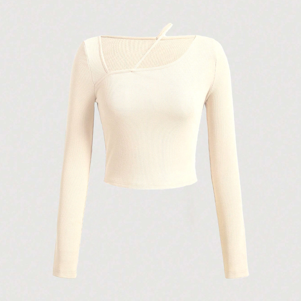 Womens Fitted Long Sleeve Knit T Shirt Asymmetrical Neckline Spring Summer Style Versatile Layering Top Wholesale
