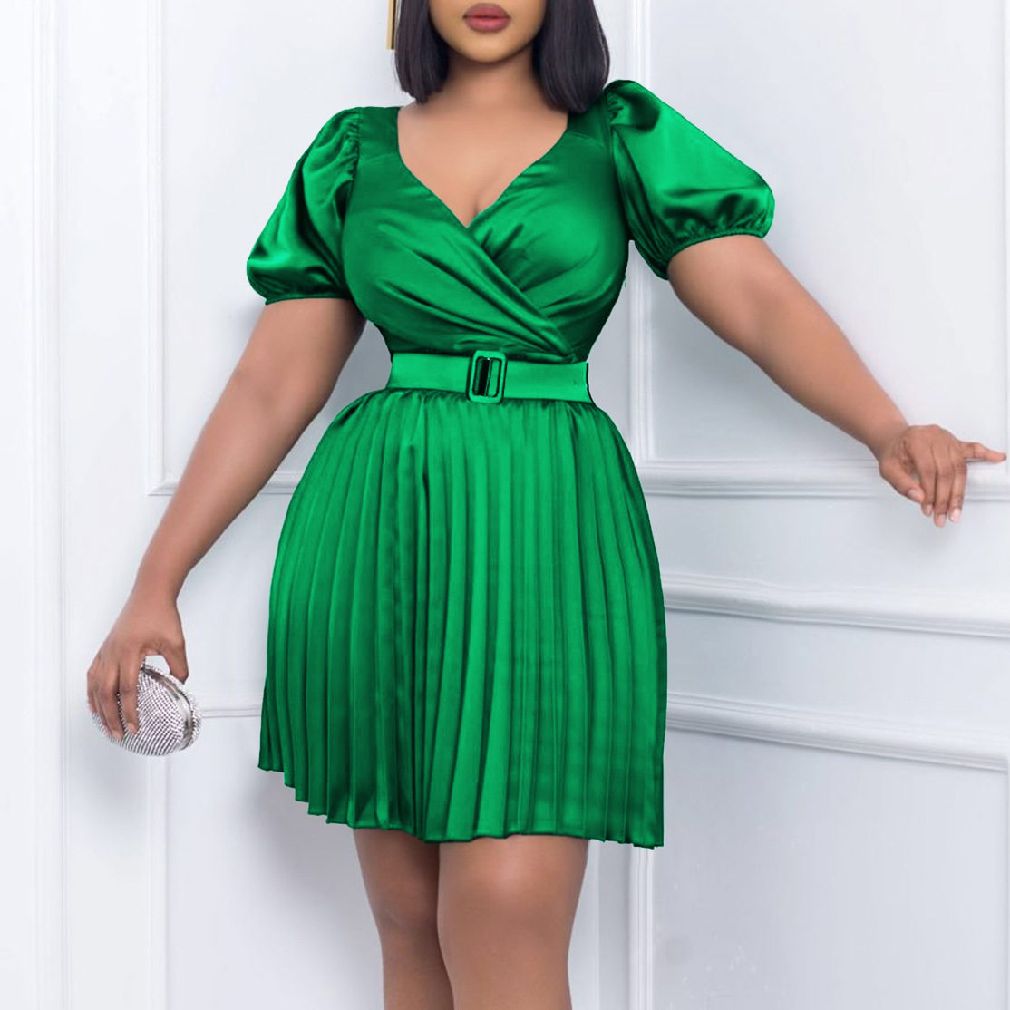 Summer Womens Dress V Neck Pleated Waist Defined Elegant Casual Style for Parties or Events Wholesale Available