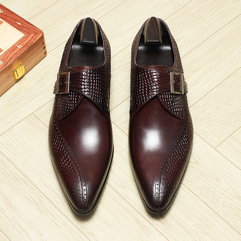 Giày da nam mũi nhọn khóa cài kiểu monk strap thanh lịch — Màu đen, Màu nâu đỏ