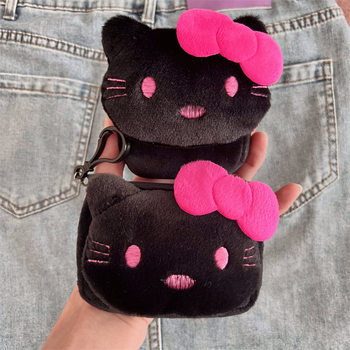 New Black Kt Cat Square Plush Coin Purse Portable Round Headphone Bag Cute Cartoon Mini Bag for Women