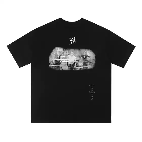 TRAVIS SCOTT WWE Co-branded Saina Crewneck Short-sleeved Trendy T-shirt Men's and Women's Cross-border Trendy Brand Loose
