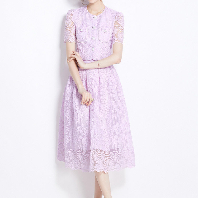 Elegant Womens Two Piece Set French Lace Puff Sleeve Blouse High Waisted Slim Skirt Perfect for Formal Occasions