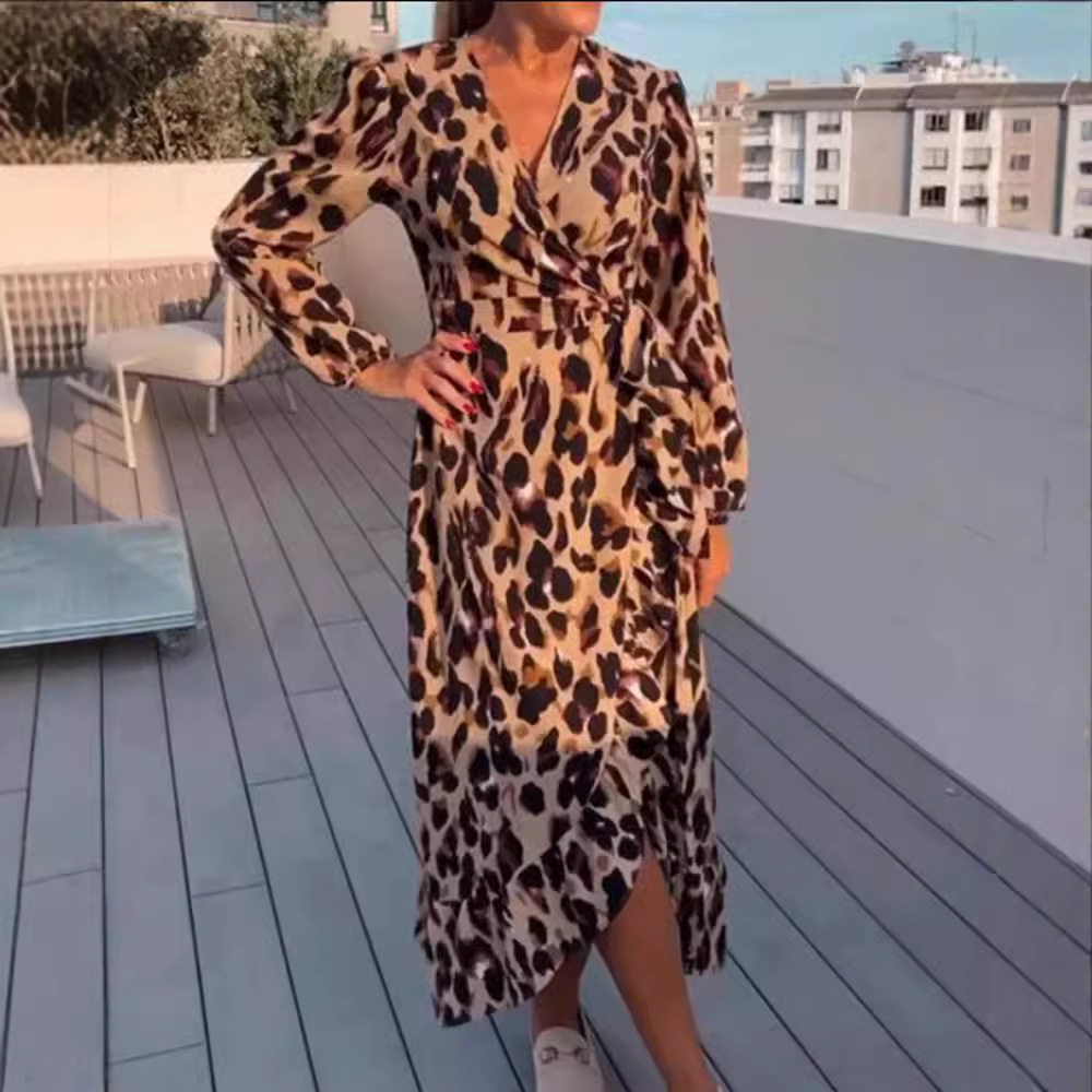 Casual Womens Dress V Neck Long Sleeve Leopard Print Comfortable Fabric Perfect for Everyday Wear Wholesale