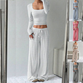 2025 European and American Cross-Border Amazon Aliexpress Autumn and Winter New Striped High-Waisted Slimming Wide-Leg Pants Set Women's Clothing