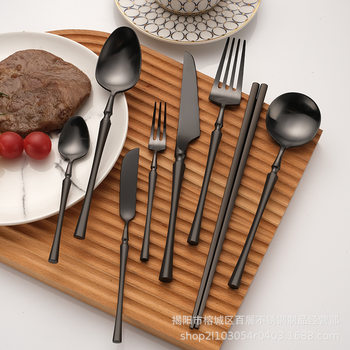 Small waisted black frosted 304 stainless steel steak knife fork spoon Western tableware three-piece set dessert spoon