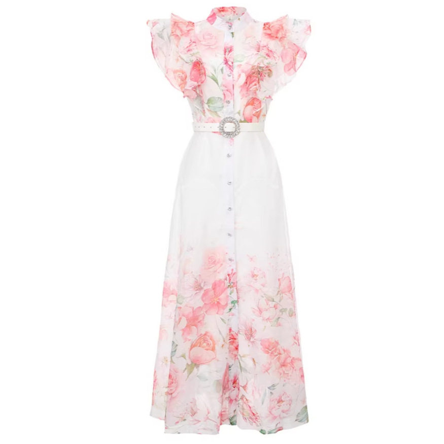 Elegant Ruffled Sleeve Dress Spring Fall Floral Print Rhinestone Button Tie Waist Flared Hem Perfect for Vacations