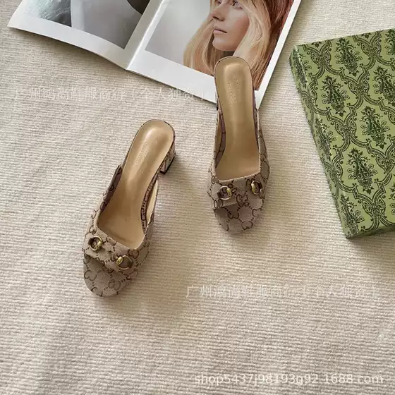 G Brand Embroidered Metal Horsebit High-Heeled Mules 2025 Spring/Summer Style High-Heeled Shallow Round-Toe Fashion Women's Shoes