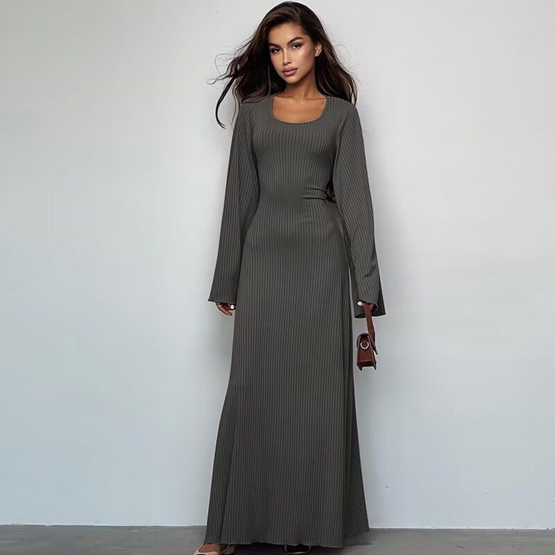 Fashionable Loose Fit U Neck Long Sleeve Dress Back Tie Design Autumn Collection Wholesale Available
