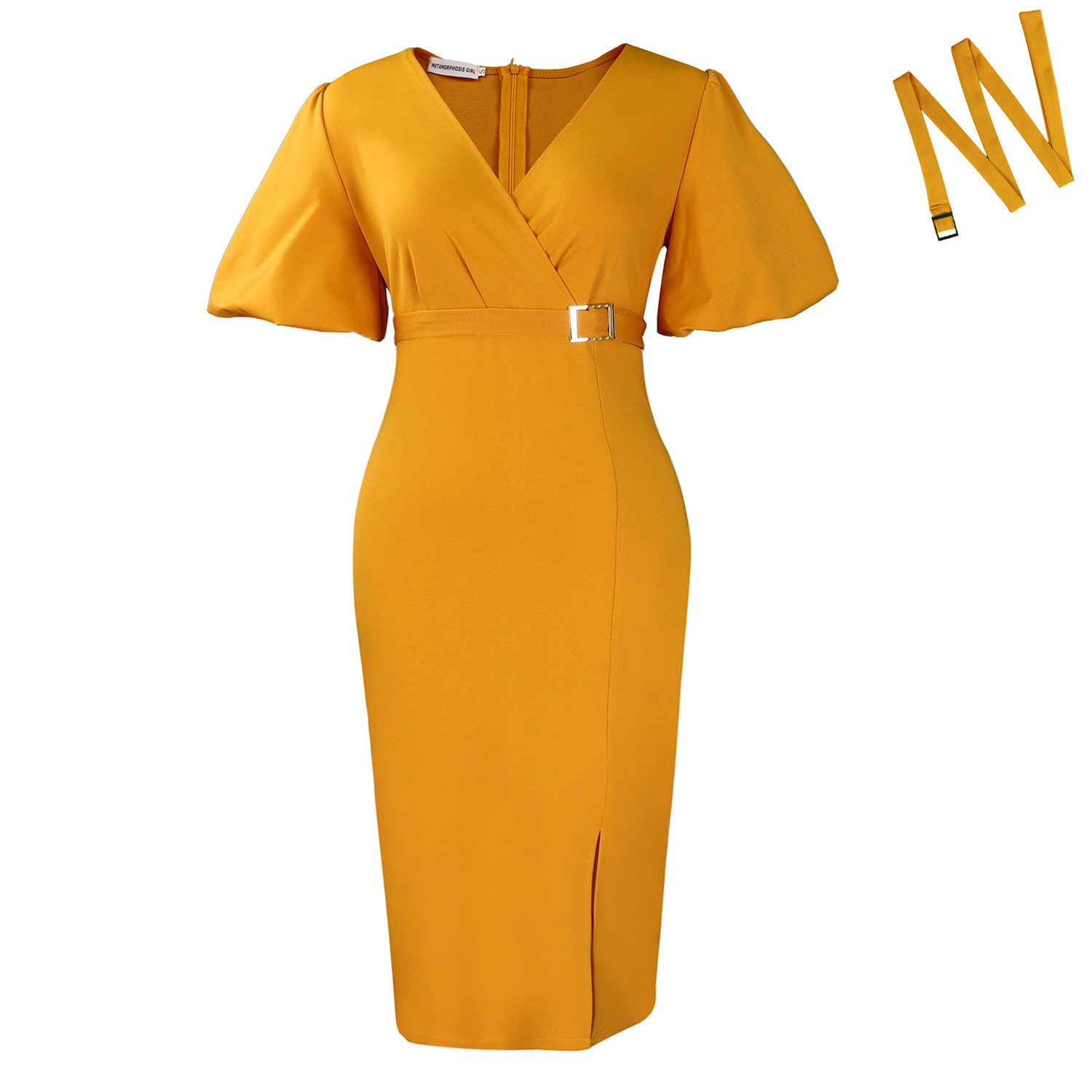 Fashionable V Neck Puff Sleeve Bodycon Dress Solid Color Waist Defined Side Slit Perfect for Parties or Events