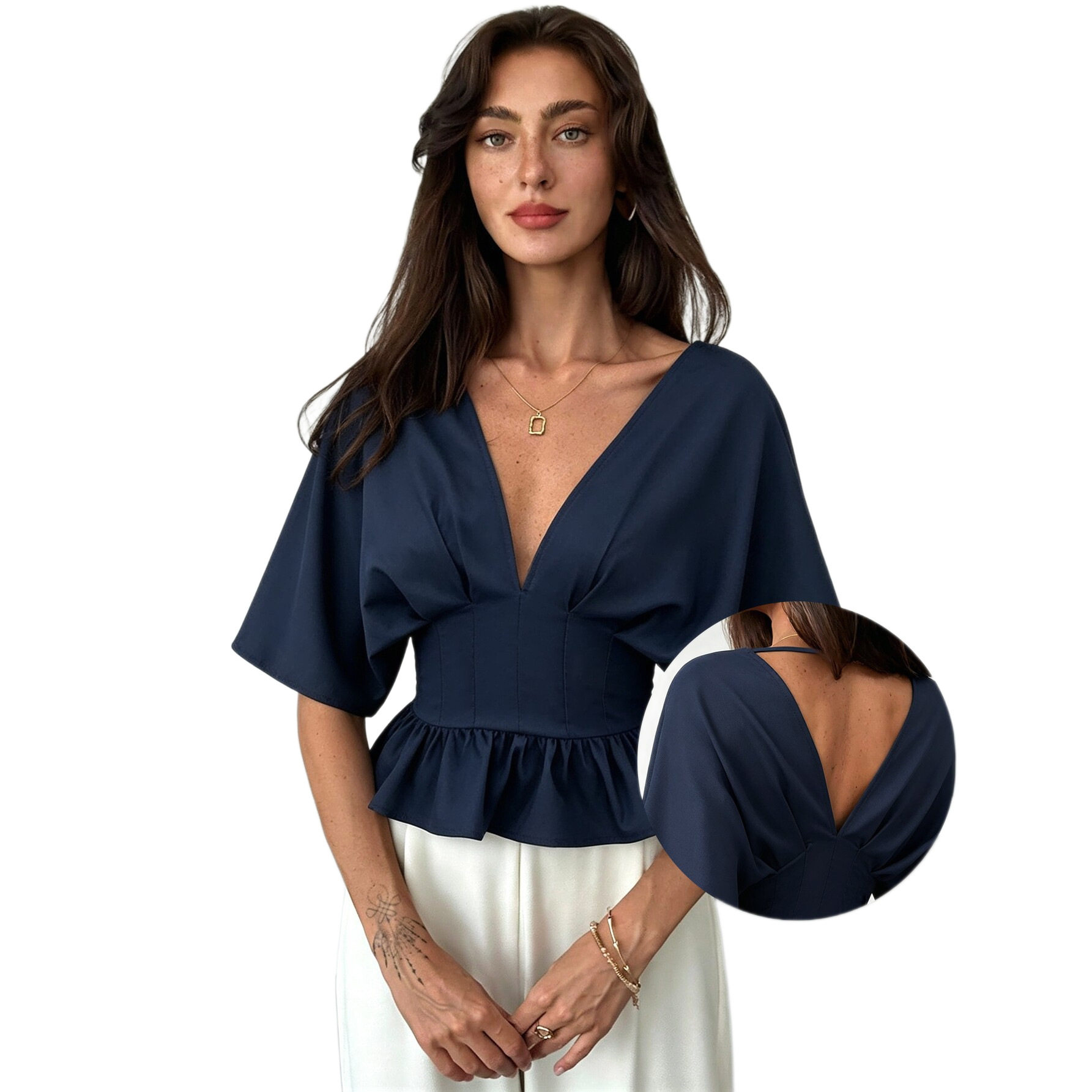 V Neck Batwing Sleeve Top Backless Slim Fit Ruffled Hem Casual Wear Summer Style Wholesale Available