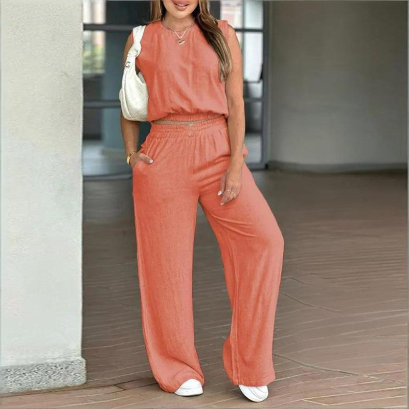 Womens Summer Outfit Set Sleeveless Top Straight Leg Pants Casual Style Perfect for Everyday Wear Wholesale