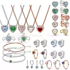 Pandora Style S925 Silver Plated Diamond Heart Necklace, Heart Stud Earrings, Adjustable Ring Set for Women