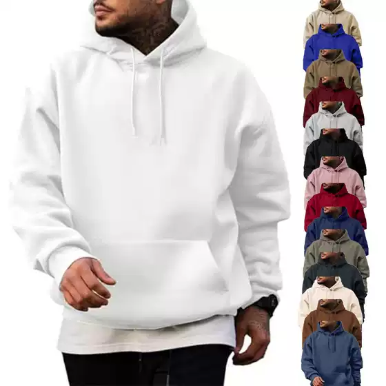 Cross-Border Export Amazon Men's Hooded Solid Color Pullover Sweatshirt Autumn and Winter Loose Shoulder Sports Casual Hoodie