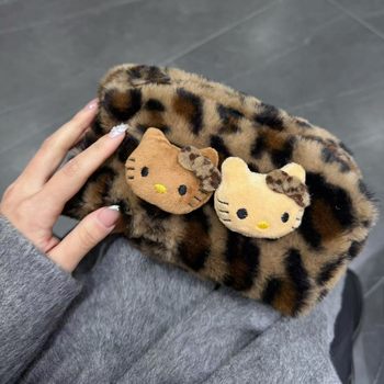 Ins Leopard Print Kitty Plush Cosmetic Bag Women's Travel Hand-Held Toiletry Bag Large Capacity Storage Bag Expandable Spring New Style