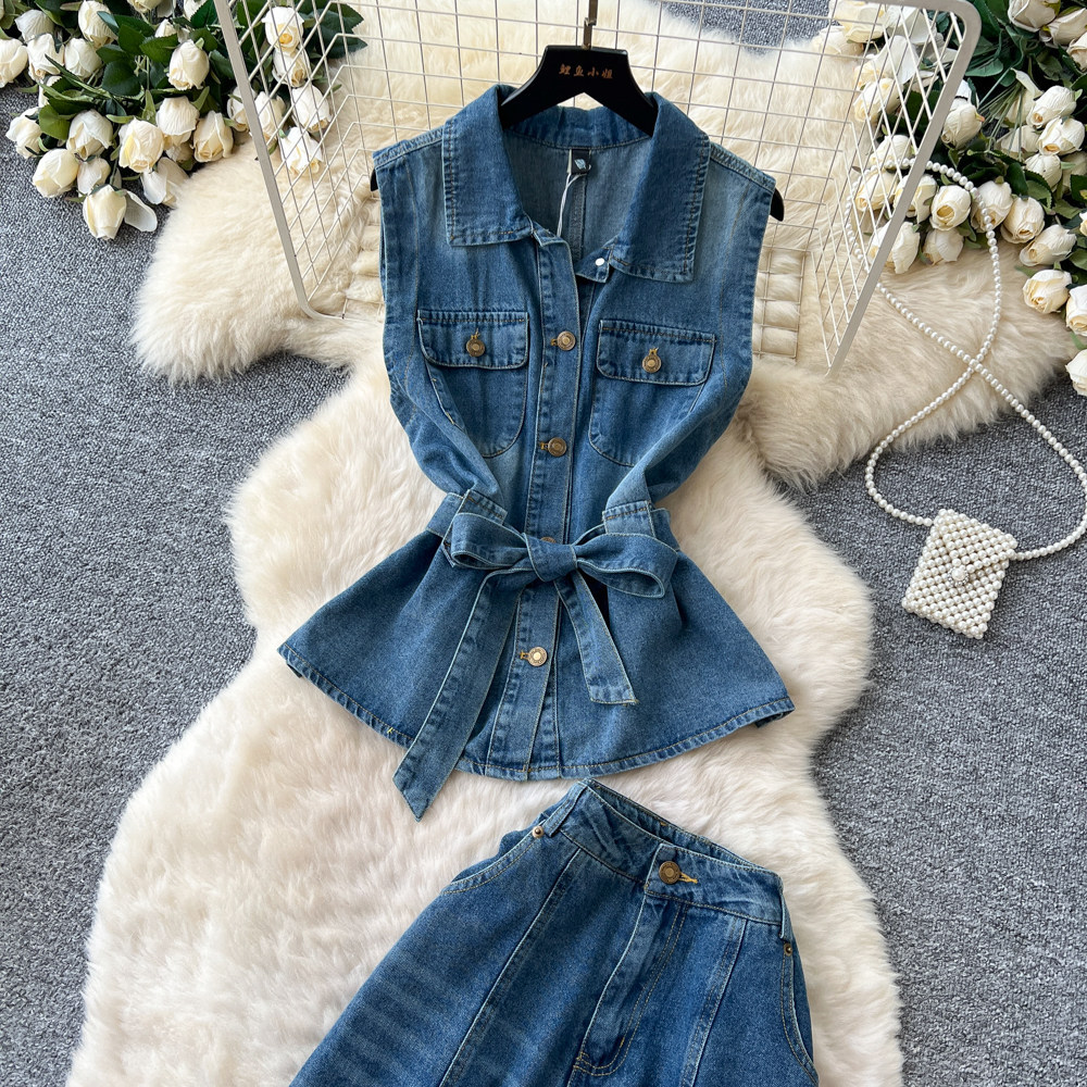 Summer Womens Denim Two Piece Set Sleeveless Slim Fit Top High Waisted Pants Casual Chic Style Wholesale Available