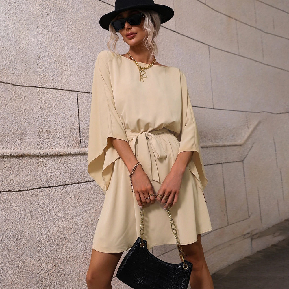 Womens Long Sleeve Dress Round Neck Elastic Waist Short Skirt Elegant Style for Casual Occasions Wholesale