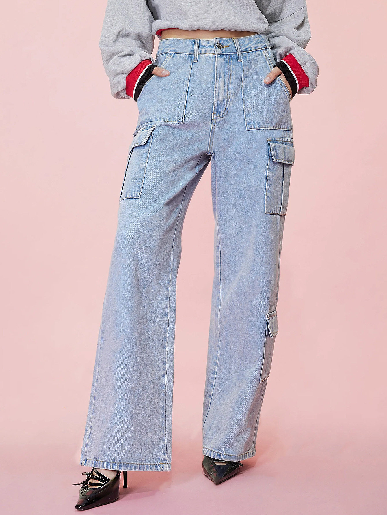 High Waisted Wide Leg Denim Trousers Loose Fit Utility Pockets Casual Style Womens Fashion Ready to Ship